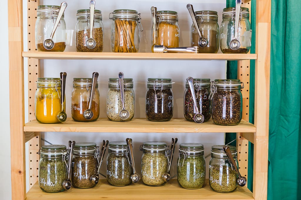 spice cabinet in pantry - healthy pantry staples
