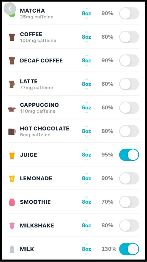 water llama app - hydration levels of different drinks - drink more water