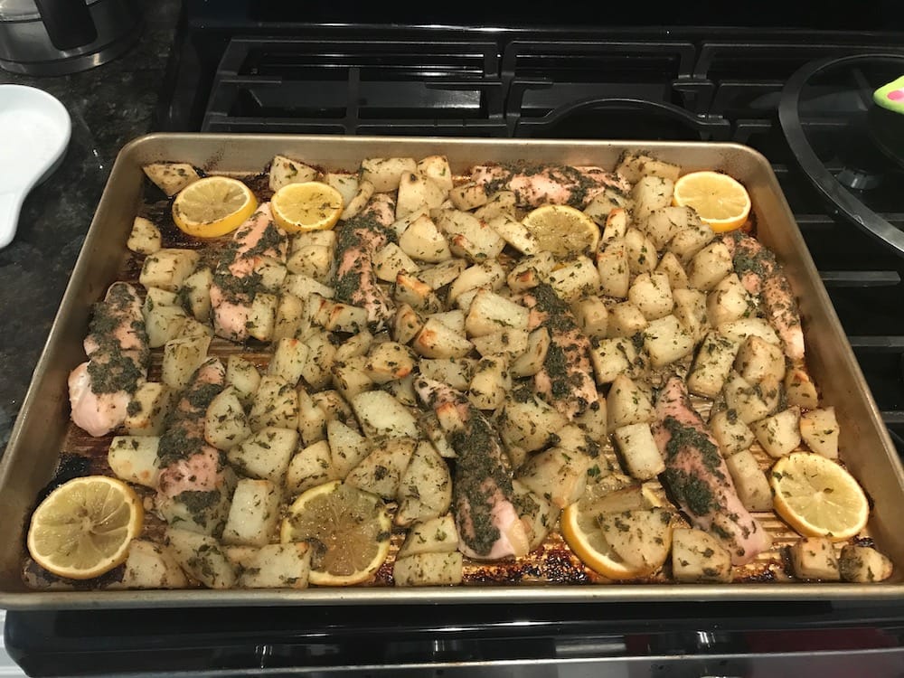 chicken and potatoes after baking